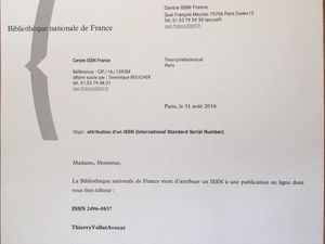Le blog Thierryvallatavocat vient de se voir délivrer un numéro ISSN par la Bibliothèque nationale de France