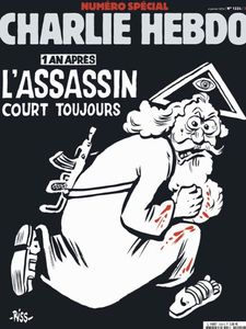 « Et l’assassin court toujours », le dessin de Riss en « une » de Charlie Hebdo (6 janvier 2016)