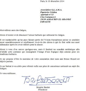 Brigitte Bardot marraine de l'association GLAMA...Galgos et Podencos en Espagne...