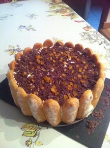 Charlotte chocolat noir écorces orange mousse chantilly aux orangettes amères chocolat orange et oranges confites.
