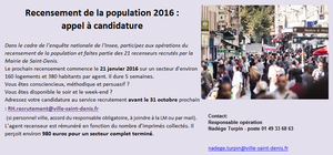 La Mairie recrute des agents pour le recensement 2016 (pour 5 semaines)