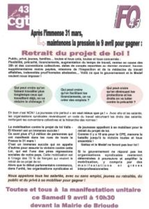 Les Unions Locales FO et CGT appellent à un rassemblement à Brioude le 9 avril