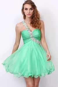 Luxurious Beautiful One Shoulder Organza Green Empire Waist Cocktail Dress