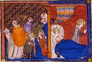 Le mariage de Louis et Marguerite (gauche). Le roi et la reine pratiquant l'abstinence (droite). Guillaume de Saint-Pathus, Vie et miracles de saint Louis, 1330-1340.