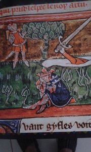 Bédivère. Le chevalier Bedwyr, devenu saint Bédivère, rend l'épée Excalibur à la dame du lac en la jetant dans l'eau à la mort du roi Arthur.