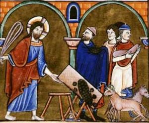 Manuscrit de la British Library , Jésus chasse les marchands du temple, 1200/1210