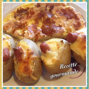 Pomme de terre gratinée au four avec sa creme fromage saucisse et son omelette facon tortulas de pomme de terre dinde fumé