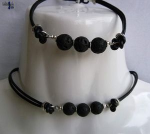 Vulcain - Parure collier et bracelet pour homme en boules de lave et cuir noir