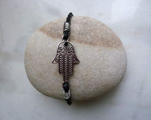 Khamsa - Bracelet réglable pour homme en simili cuir tressé noir