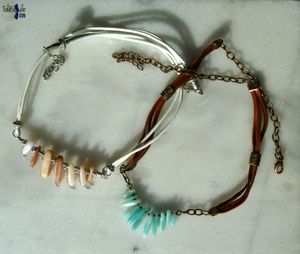 Toi et Moi ChabadaBada - Duo lithothérapeutique de colliers en cuir aux aiguillettes d'opale rose des Andes et amazonite bleue