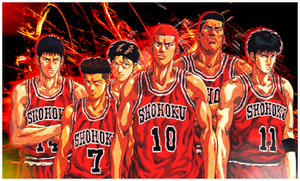 L'équipe de Shohoku (avec Sakuragi cheveu rouge)