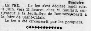 Incendie chez mon arrière-grand-père Ernest SOULARD le 11 juin1914 à Bouloire (72)