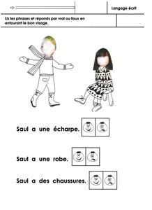 Les vêtements: lecture de phrases, vrai ou faux