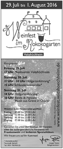 Die Gemeinde Veitshöchheim und vier örtliche Vereine laden vom 29.07. - 01.08.2016 zu einem ganz besonderen Weinfest in den herrlichen Veitshöchheimer Hofgarten ein
