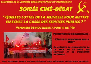 Soirée Ciné-Débat - Vendredi 06 nov - Quelles luttes de la jeunesse pour mettre en échec la casse des services publics ?