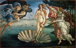 Venus (De Boticelli) sortant de la coquille saint jacques. A gauche, Zephir, incarnation du vent d'Ouest