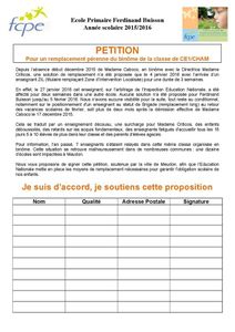 Pétition pour un remplacement pérenne du binôme de la classe de CE1/CHAM