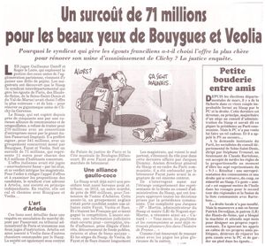 Le Canard Enchaîné du 21 octobre 2015 : au SIAAP ( syndicat interdépartemental d'assainissement de l'agglomération parisienne) : un surcoût de 71 millions d'euros pour les beaux yeux de Bouygues et Veolia