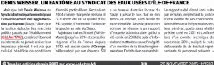 Lettre A 26 novembre 2015 : Denis Weisser, un fantôme au SIAAP, Syndicat des eaux usées d'Île-de -France et conseiller régional PS