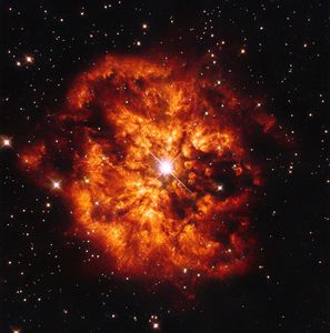 Quand Śiva s'unit à Śakti : accouplement de l'étoile Hen 2-427 (WR 124) (au centre) et de la nébuleuse M1-67 (autour) dans la constellation du Sagittaire. Source : ESA/Hubble et NASA, crédit : Judy Schmidt