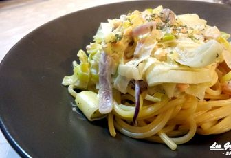 Recette : spaghettis au saumon et fondue de poireaux