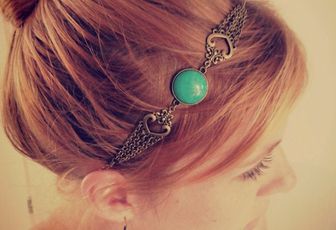 Head band bronze & turquoise, et boucles d'oreilles plumes.