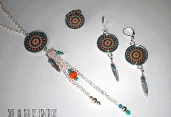 Parure motif mandala, turquoise / orange, création unique.
