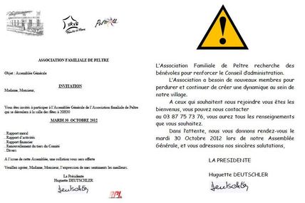 Peltre Association Familale : AG le 30 octobre