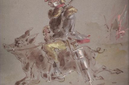 pompier chevauchant une curieuse monture ,dessin d' Alexandre Dupendant (1833 - 1884)