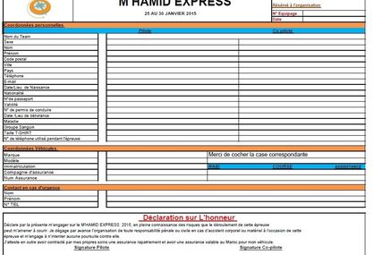La fiche d'inscription du M'hamid express 2015 est arrivée,notre rallye raid du 25 au 30 janvier 2015 ouvert aux autos, motos, quads, buggy, ssv, rzr, maverick, cf moto, booxt, camion...