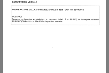 Delibera Giunta Regionale segnatura, sul tesserino, capo abbattuto.