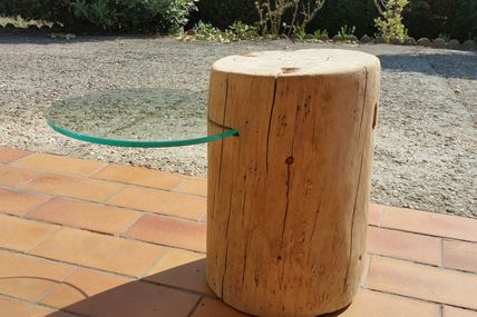Table de chevet bois flotté et verre