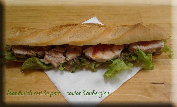 Sandwich rôti de porc, caviar d’aubergine
