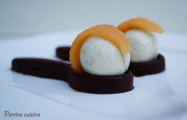 Cuillères au chocolat, sphère de panna cotta à la vanille et voile de melon épicé