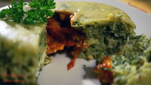 Flan de persil, cœur coulant à la tomate