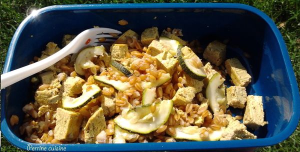 Salade de petit épeautre aux courgettes rôties et tofu au curry