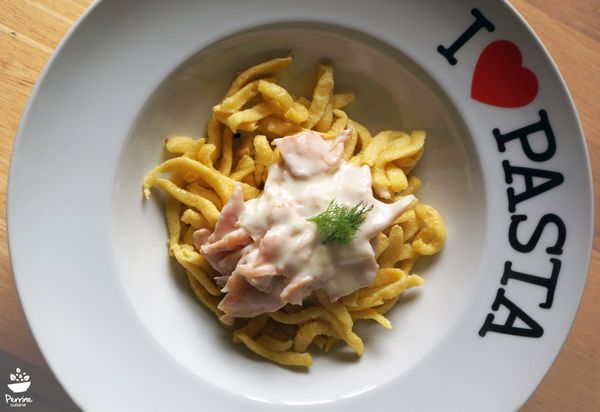 Spaetzle à la crème et truite fumée