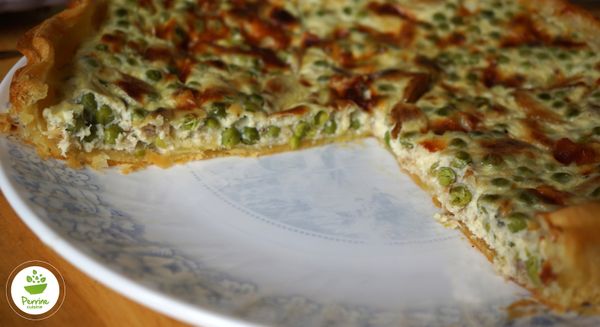 Quiche au maquereau, petits pois, roquefort et fromage blanc