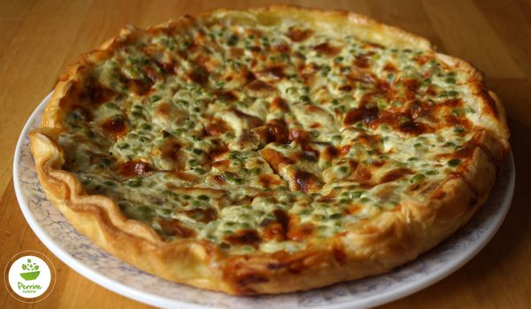 Quiche au maquereau, petits pois, roquefort et fromage blanc