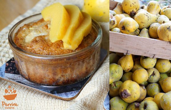 Moelleux aux coings, coings pochés au safran {sans gluten}