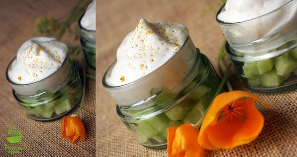 Tartare de concombre, espuma végétal au curry