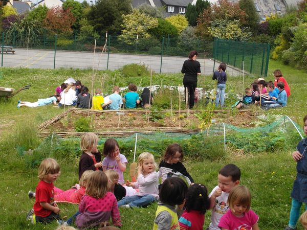 La classe des Petits a pique-niqué dans le jardin.