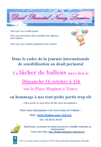 Nancy Lâcher de ballons de Deuil espoir le 16 octobre 2016
