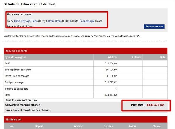 Témoignage : 377 € pour un aller simple Paris-Oran !!!