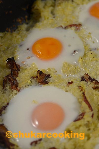 Gratin de chou doux, bacon crispy , œufs au plat