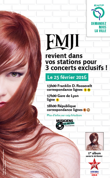 EMJI donnera 3 concerts live exceptionnels dans le métro parisien le 25 Février 2016 !