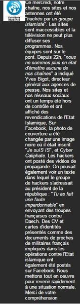 TV5 monde victime d'une attaque informatique par des pirates se revendiquant de l'État islamique