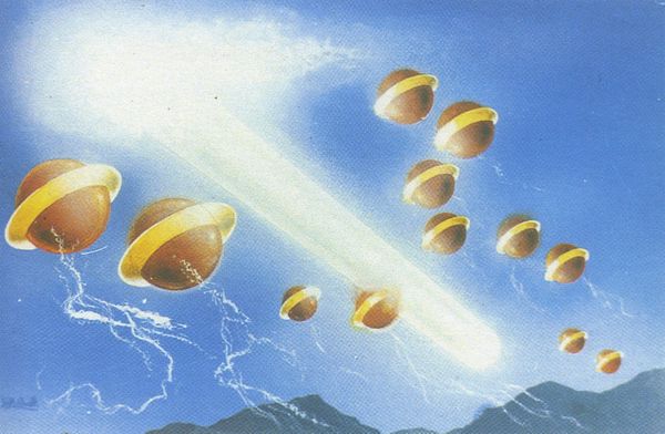 Image : une reconstitution des ovnis avec lachers de filaments à Oloron Sainte Marie.