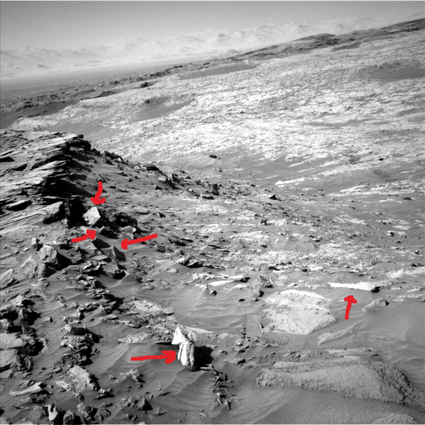 Crédit photo NASA. J'ai fléché en rouge ces curieuses formes...