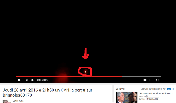 Photo : j'ai extrait cette image de la vidéo. J'ai entouré en rouge l'ovni. C'était le jeudi soir 28 avril 2016 à Brignoles, dans le Var...